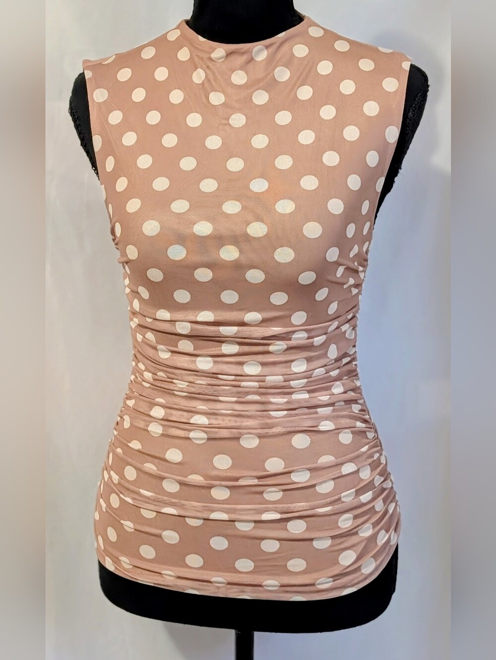AFRM Los Angeles New With Tags Ruched Polka Dot Mesh Top Blush Pink/Cream Size S